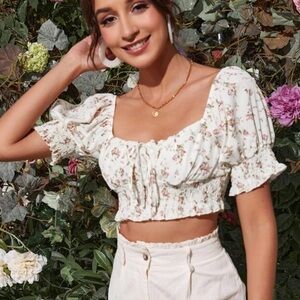 Shein Women’s White and Pink Ditsy Floral Front Knot Shirred Crop Top
